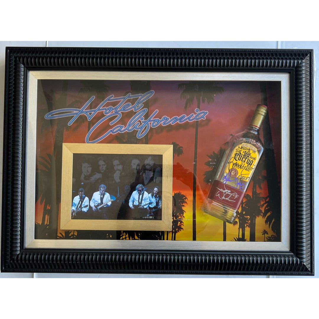 Don Henley, Glenn Frey, Don Felder, Joe Walsh, Randy Meisner 'Just Another Tequila Sunrise' Eagles tequila bottle signed & framed "22x30"