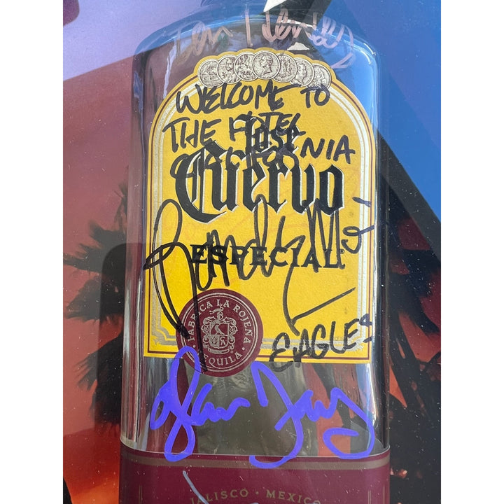 Don Henley, Glenn Frey, Don Felder, Joe Walsh, Randy Meisner 'Just Another Tequila Sunrise' Eagles tequila bottle signed & framed "22x30"