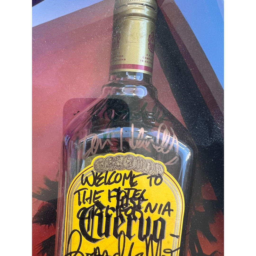 Don Henley, Glenn Frey, Don Felder, Joe Walsh, Randy Meisner 'Just Another Tequila Sunrise' Eagles tequila bottle signed & framed "22x30"