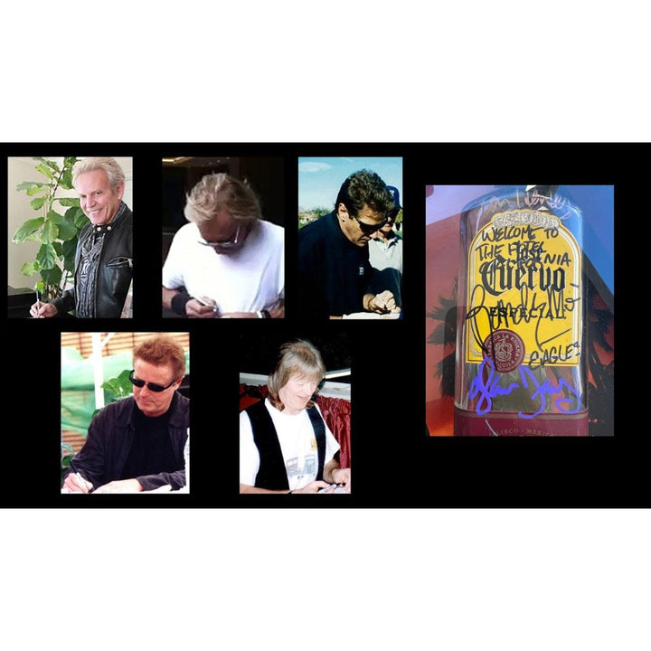 Don Henley, Glenn Frey, Don Felder, Joe Walsh, Randy Meisner 'Just Another Tequila Sunrise' Eagles tequila bottle signed & framed "22x30"