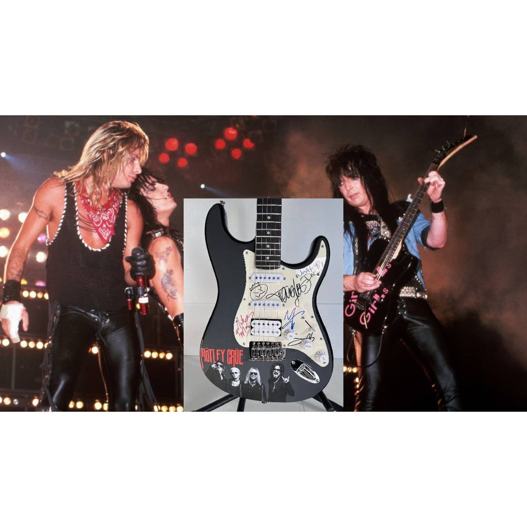 Motley Crue Tommy Lee, Vince Neil, Mick Mars, Nikki Sixx Stratocaster one of a kind full size electric guitar signed with proof.