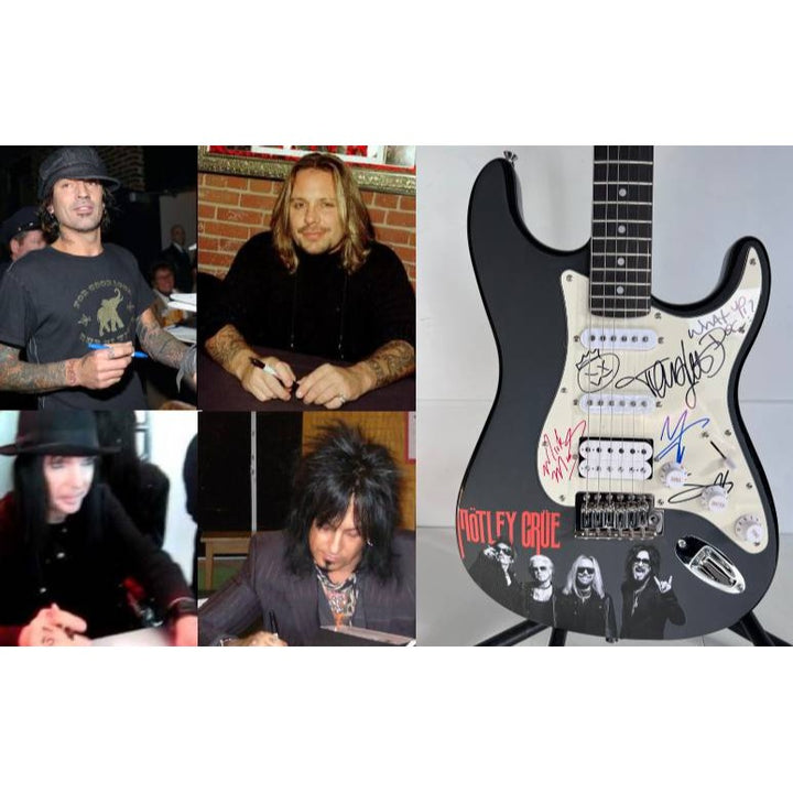 Motley Crue Tommy Lee, Vince Neil, Mick Mars, Nikki Sixx Stratocaster one of a kind full size electric guitar signed with proof.