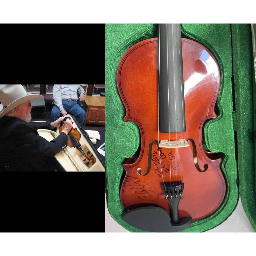 Charlie Daniels signed and inscribed "The Devil Went Down To GA" full size fiddle signed with proof