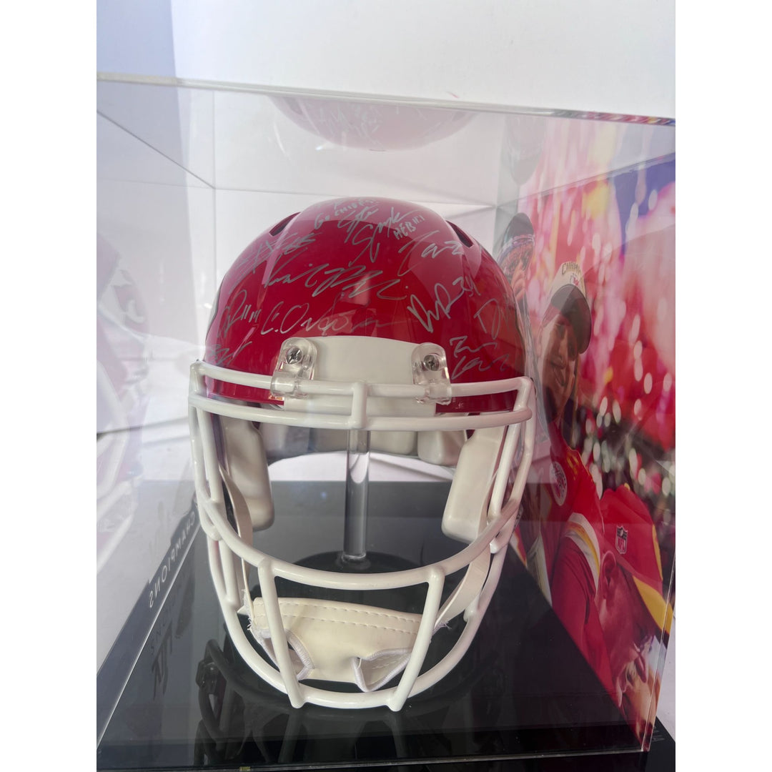 Kansas City Super Bowl champions Patrick Mahomes Andy Reid Travis Kelce 2022 23 team signed helmet with proofand 15x13 acrylic display case