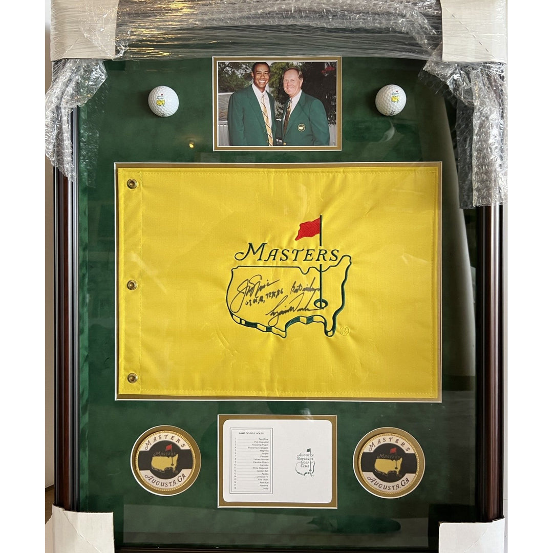 Tiger Woods Jack Nicklaus Masters Golf flag signed with proof and framed 24x31