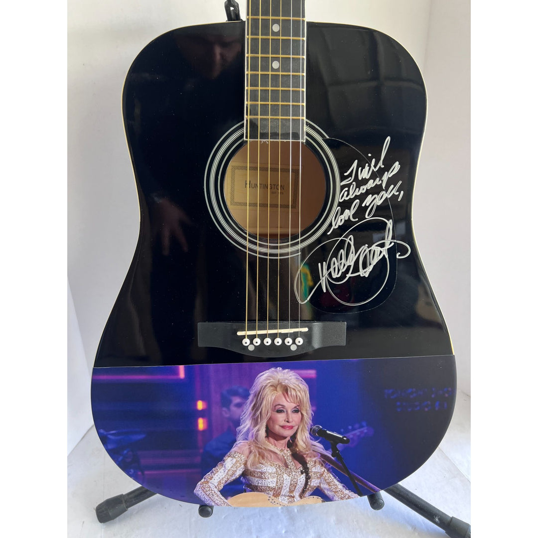 Dolly Parton one of a kind full size acoustic guitar signed and inscribed "I will always Love You" with photo proof