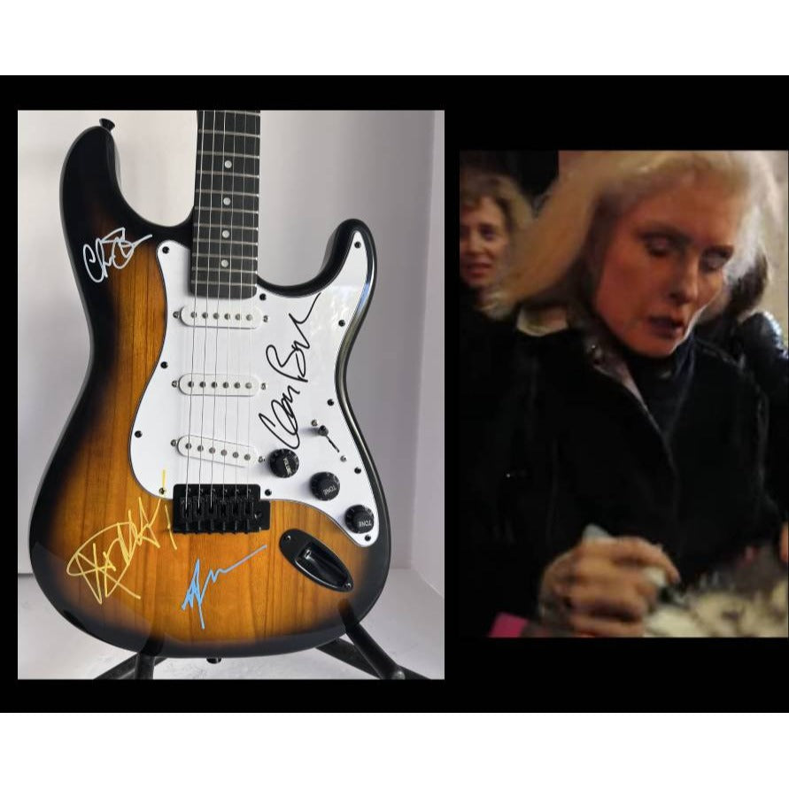 Deborah Harry Blondie band stratocaster electric guitar tobbaco full size signed whit poof