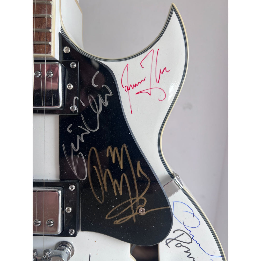 Rock and Roll icons Roger Waters, Eddie Van Halen, Bob Dylan, Robert Plant, Roonie Wood hollow body electric guitar signed with proof