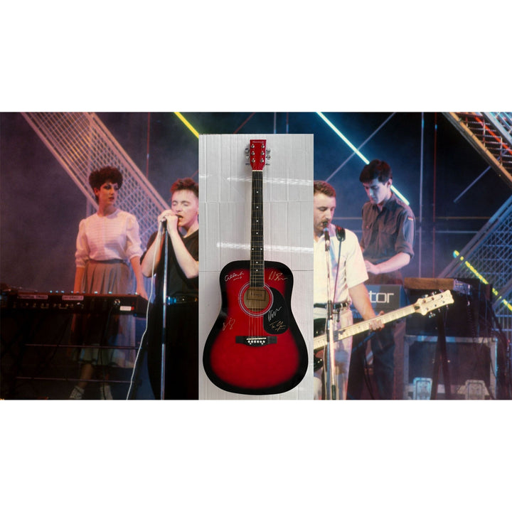 New Order Peter Hook, Bernard Sumner, Stephen Morris and Gillian Gilbert  full size acoustic guitar signed with proof.