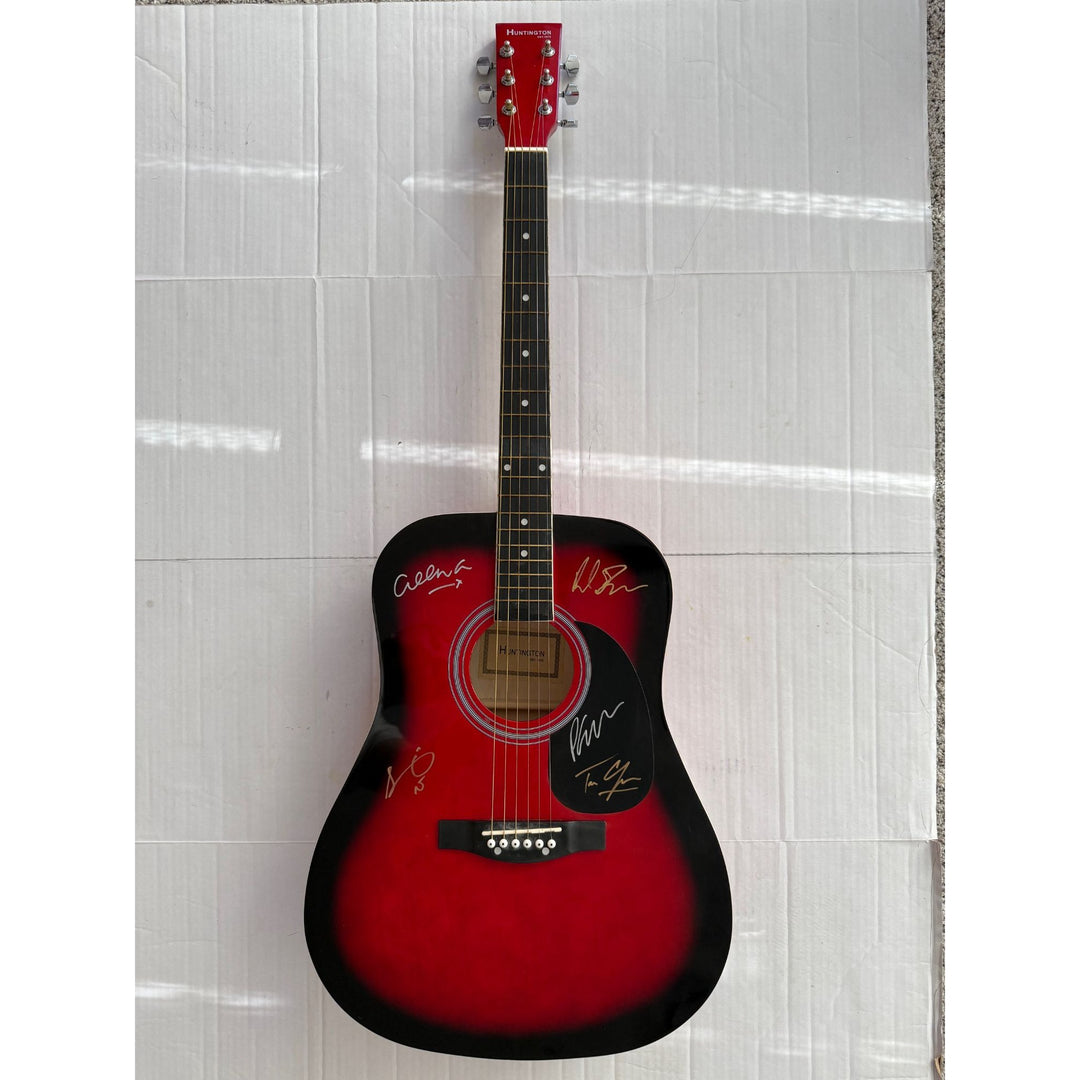 New Order Peter Hook, Bernard Sumner, Stephen Morris and Gillian Gilbert  full size acoustic guitar signed with proof.
