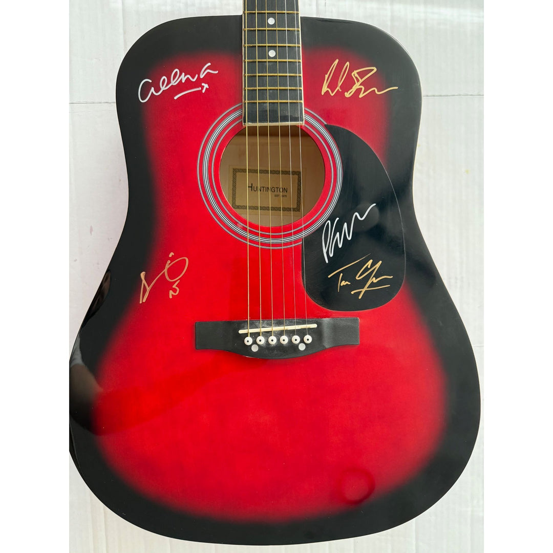 New Order Peter Hook, Bernard Sumner, Stephen Morris and Gillian Gilbert  full size acoustic guitar signed with proof.