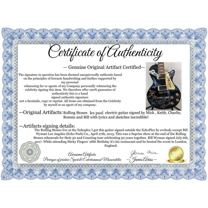 Rolling Stones les paul electric guitar signed by Mick, Keith, Charlie,Ronnie and Bill with lyrics and sketches incredible!