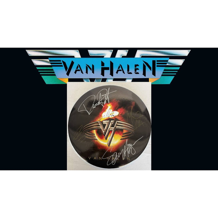 Van Halen David Lee Roth Sammy Hagar Eddie & Alex Van Halen MIchael Anthony one-of-a-kind drumhead signed with proof.