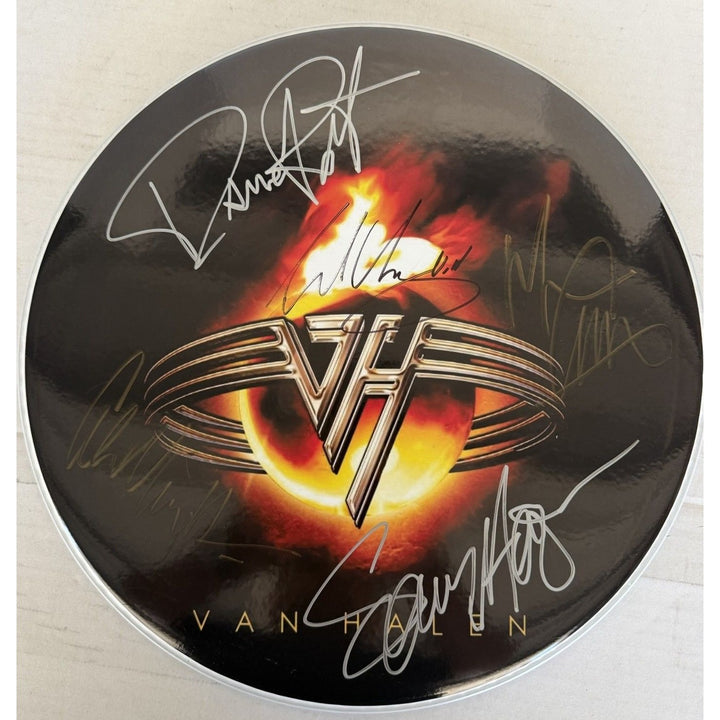 Van Halen David Lee Roth Sammy Hagar Eddie & Alex Van Halen MIchael Anthony one-of-a-kind drumhead signed with proof.