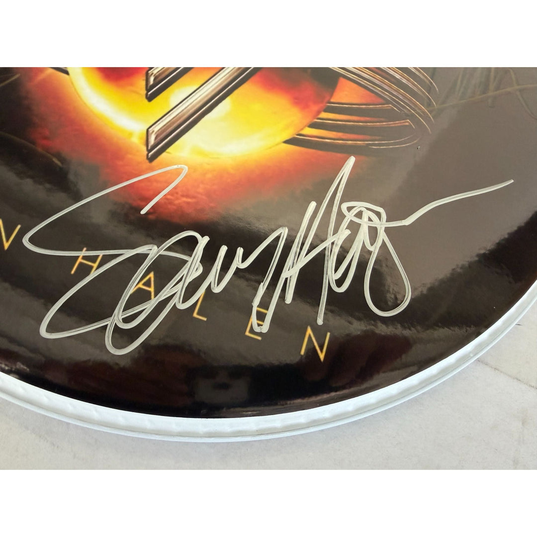 Van Halen David Lee Roth Sammy Hagar Eddie & Alex Van Halen MIchael Anthony one-of-a-kind drumhead signed with proof.