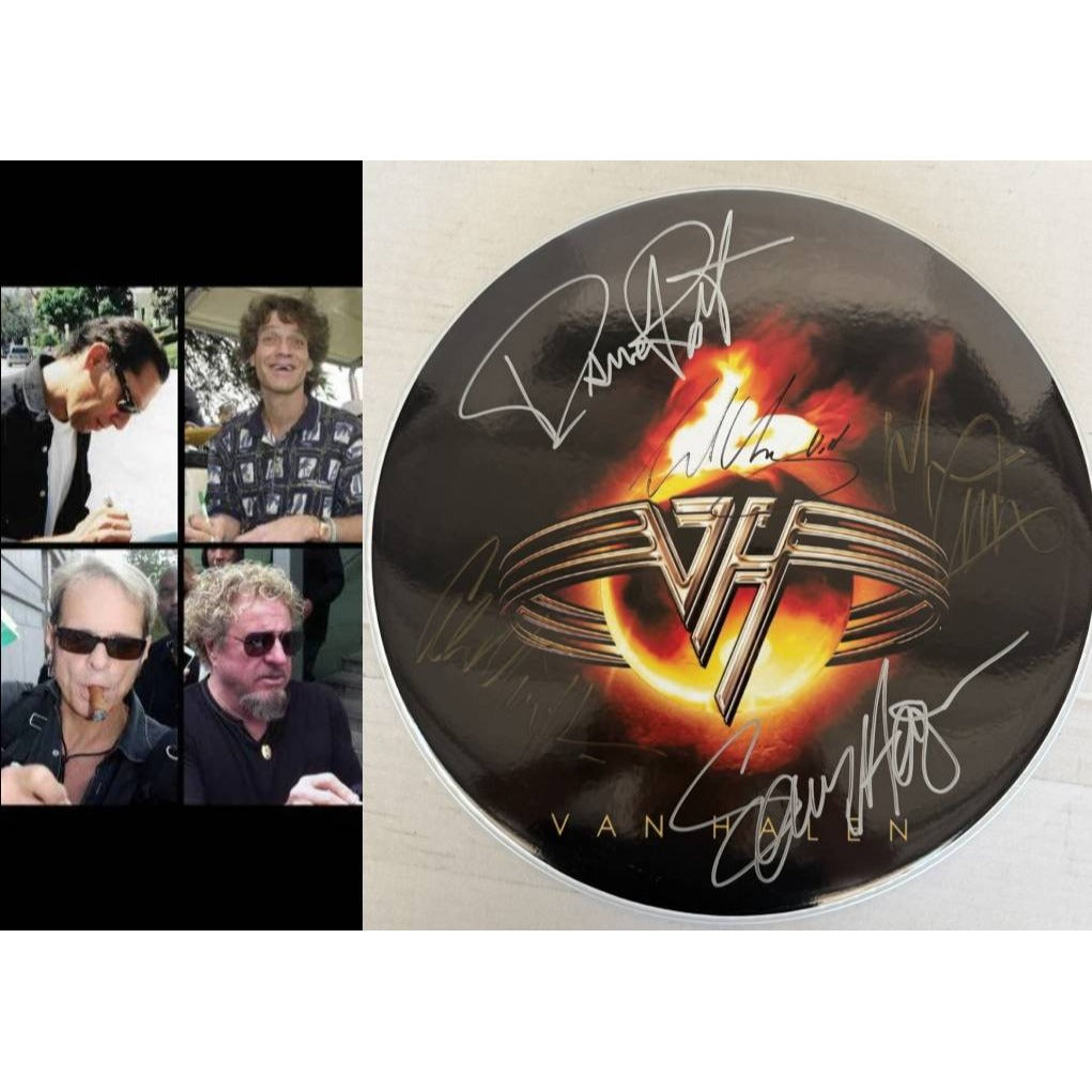 Van Halen David Lee Roth Sammy Hagar Eddie & Alex Van Halen MIchael Anthony one-of-a-kind drumhead signed with proof.