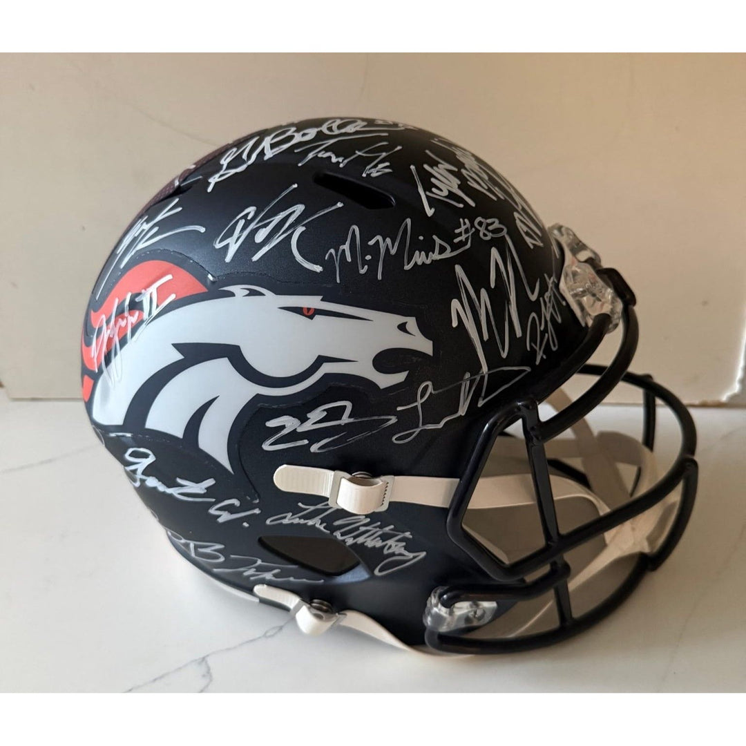 Denver Broncos speed authentic 2025 team signed helmet 40 plus Bo Nix Courtland Sutton, Nik Bonnito, Sean Payton with proof.