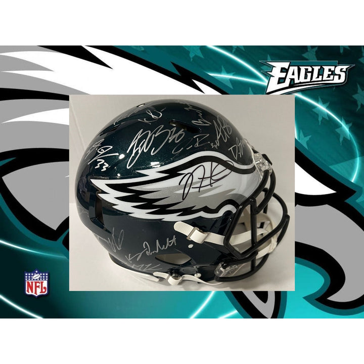 Saquon Barkley, AJ Brown, Jalen Hurts 2024 Philadelphia Eagles Riddell full size helmet 40 sigs signed with photo proof