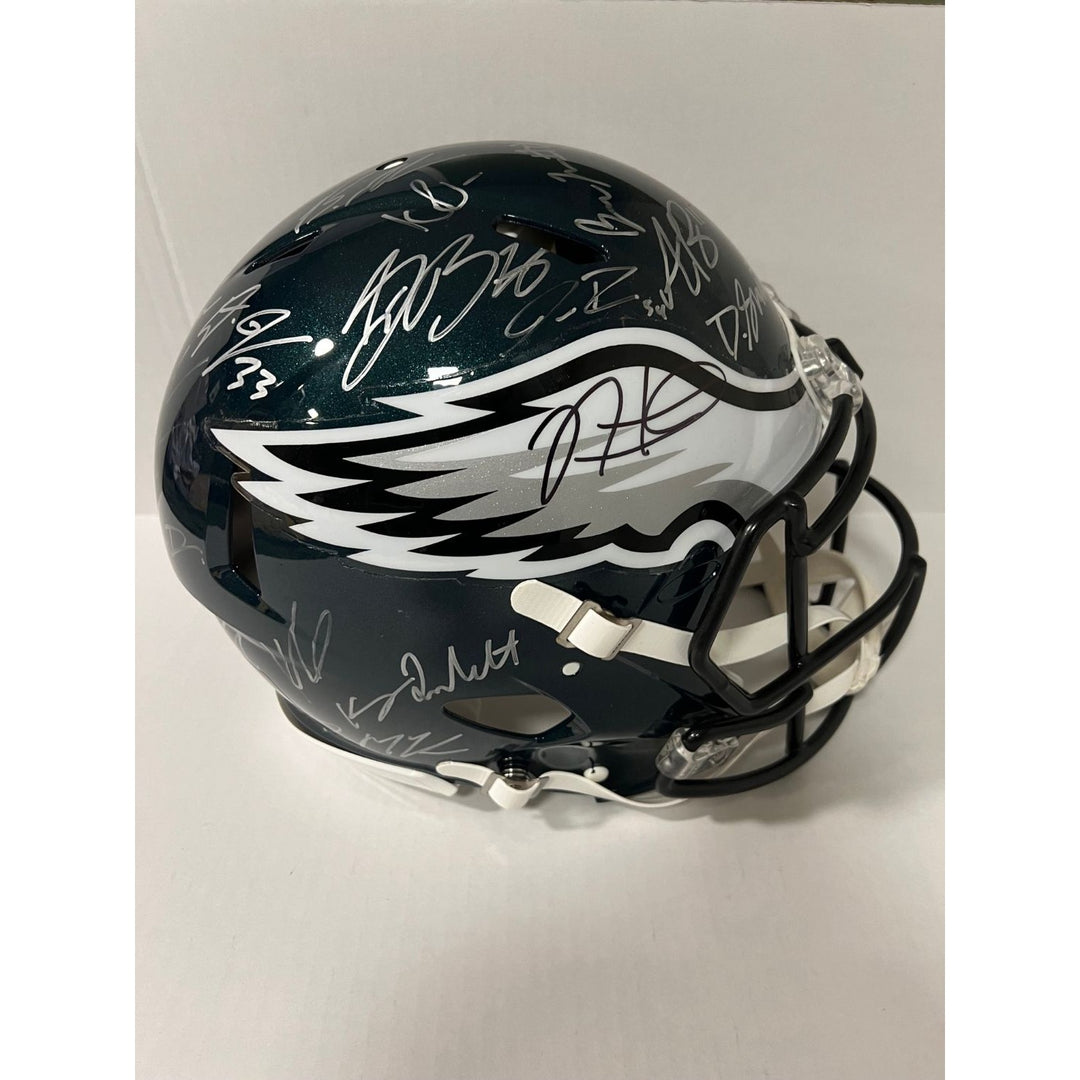 Saquon Barkley, AJ Brown, Jalen Hurts 2024 Philadelphia Eagles Riddell full size helmet 40 sigs signed with photo proof