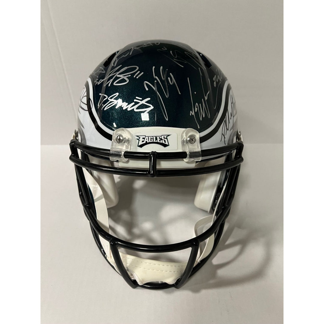 Saquon Barkley, AJ Brown, Jalen Hurts 2024 Philadelphia Eagles Riddell full size helmet 40 sigs signed with photo proof