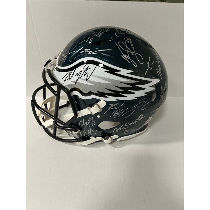 Saquon Barkley, AJ Brown, Jalen Hurts 2024 Philadelphia Eagles Riddell full size helmet 40 sigs signed with photo proof