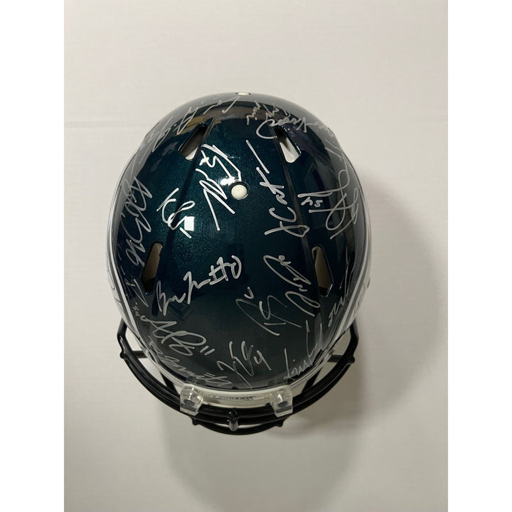 Saquon Barkley, AJ Brown, Jalen Hurts 2024 Philadelphia Eagles Riddell full size helmet 40 sigs signed with photo proof