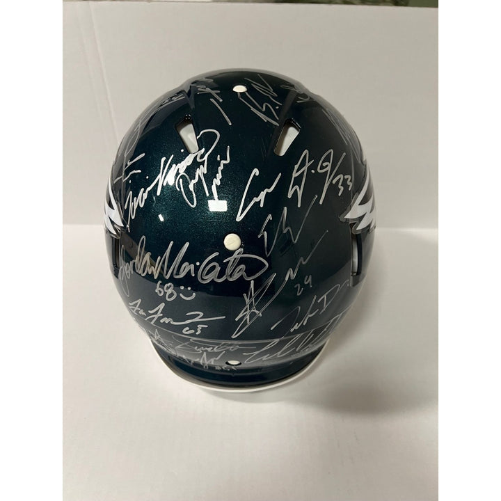 Saquon Barkley, AJ Brown, Jalen Hurts 2024 Philadelphia Eagles Riddell full size helmet 40 sigs signed with photo proof