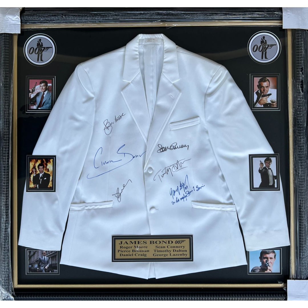 James Bond 007 full size tuxedo signed by Sean Connery, Daniel Craig, George Lazenby, Roger Moore, Timothy Dalton, Pierce Brosnan
