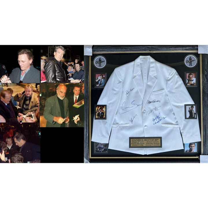 James Bond 007 full size tuxedo signed by Sean Connery, Daniel Craig, George Lazenby, Roger Moore, Timothy Dalton, Pierce Brosnan