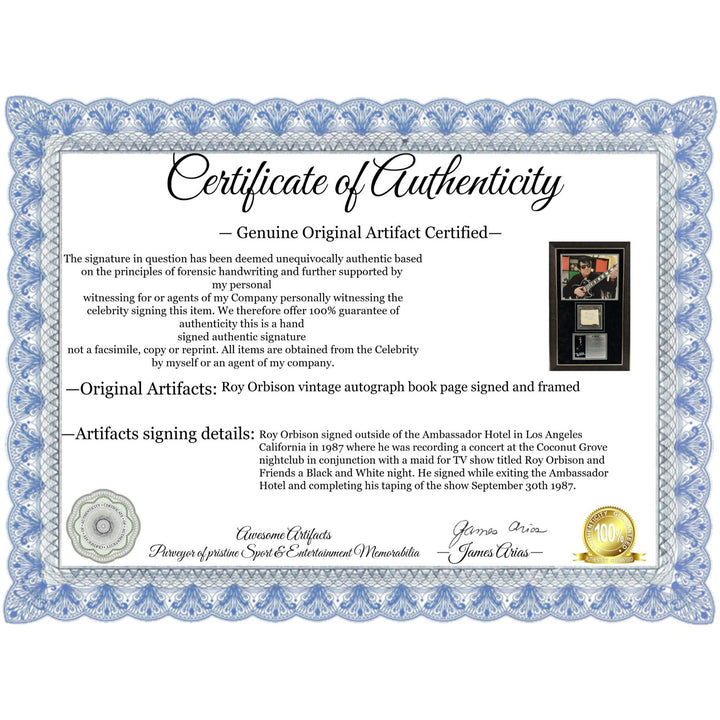 Roy Orbison vintage autograph book page signed with proof and museum quality frame 