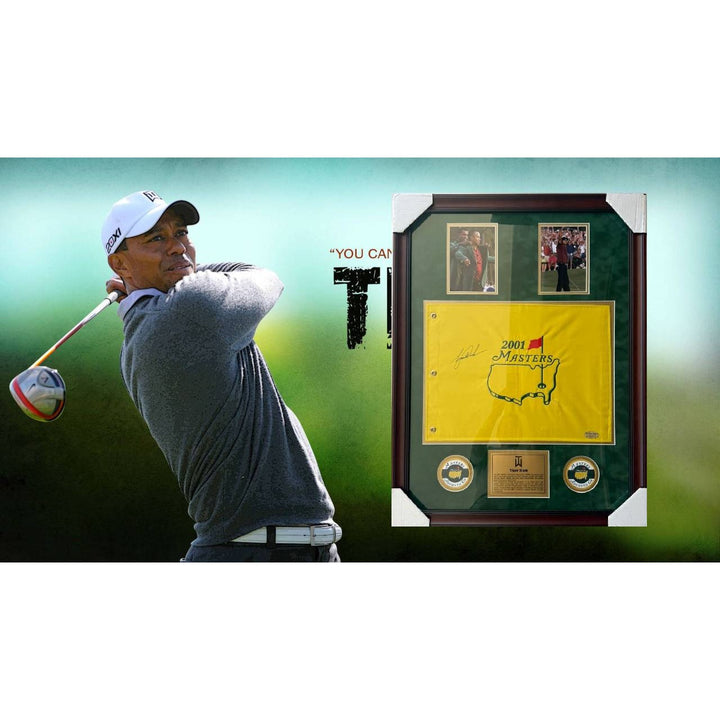 Tiger Woods 2001 Masters flag signed and framed with proof.