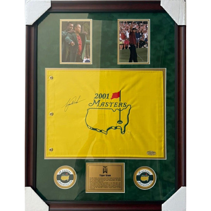 Tiger Woods 2001 Masters flag signed and framed with proof.