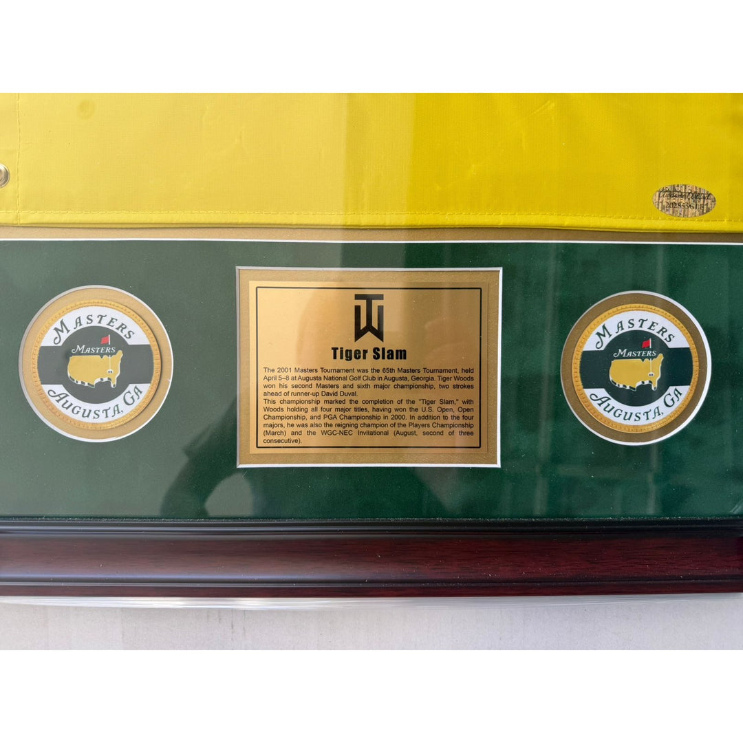 Tiger Woods 2001 Masters flag signed and framed with proof.