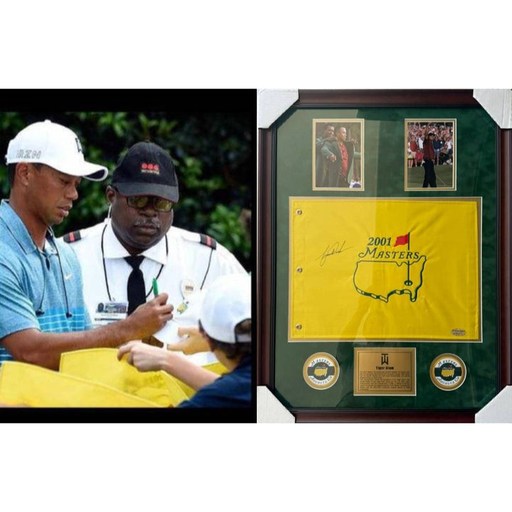 Tiger Woods 2001 Masters flag signed and framed with proof.
