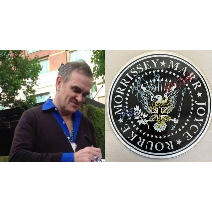 Morrissey, Johnny Marr, Andy Rourke, Mike Joyce, The Smiths Drumhead signed with proof.
