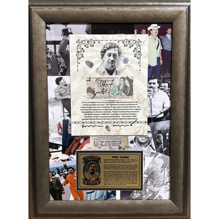 Pablo Escobar.  signed 1982 Columbian  peso Roberto Escobar personally witnessed with notary stamp and signature one of a kind.