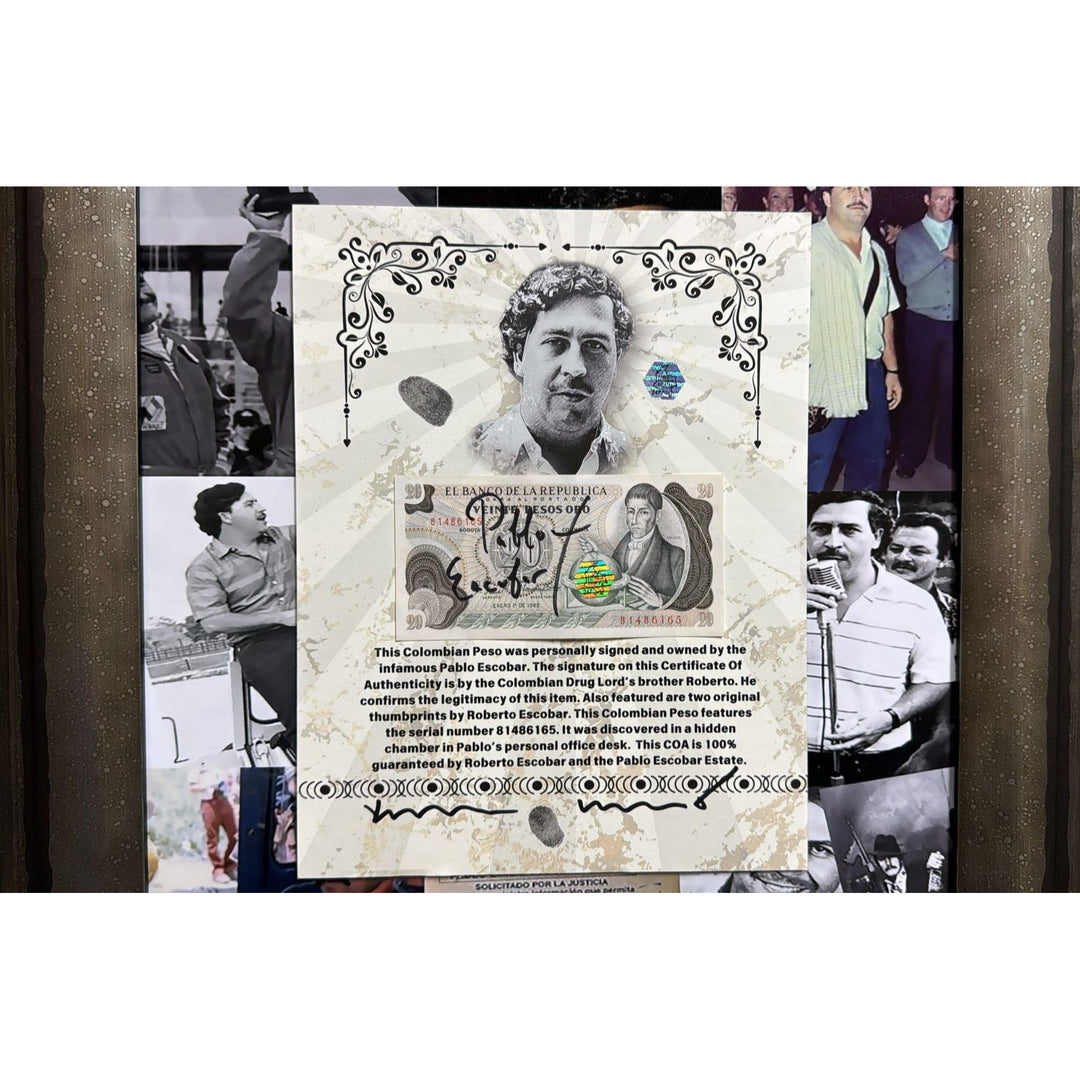 Pablo Escobar.  signed 1982 Columbian  peso Roberto Escobar personally witnessed with notary stamp and signature one of a kind.