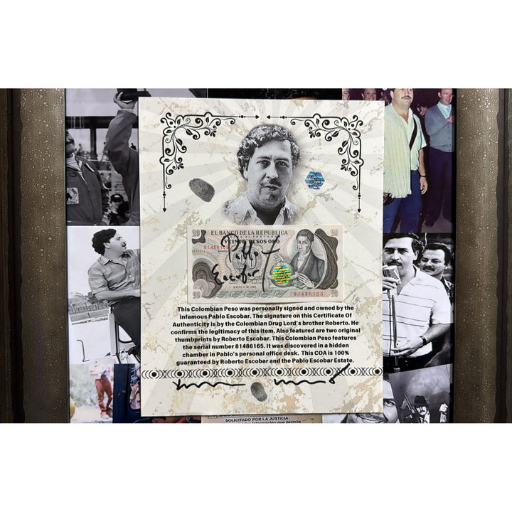 Pablo Escobar.  signed 1982 Columbian  peso Roberto Escobar personally witnessed with notary stamp and signature one of a kind.