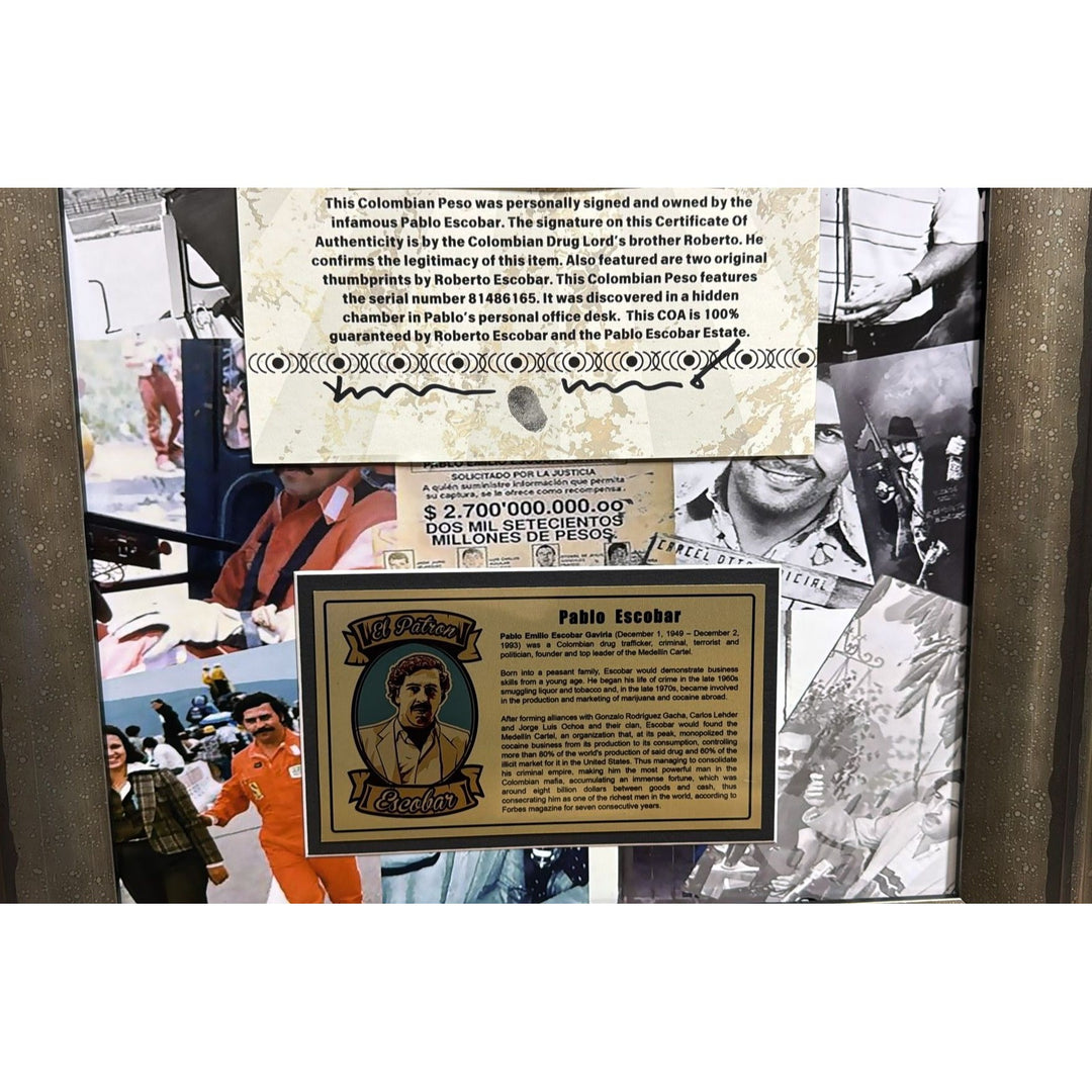 Pablo Escobar.  signed 1982 Columbian  peso Roberto Escobar personally witnessed with notary stamp and signature one of a kind.