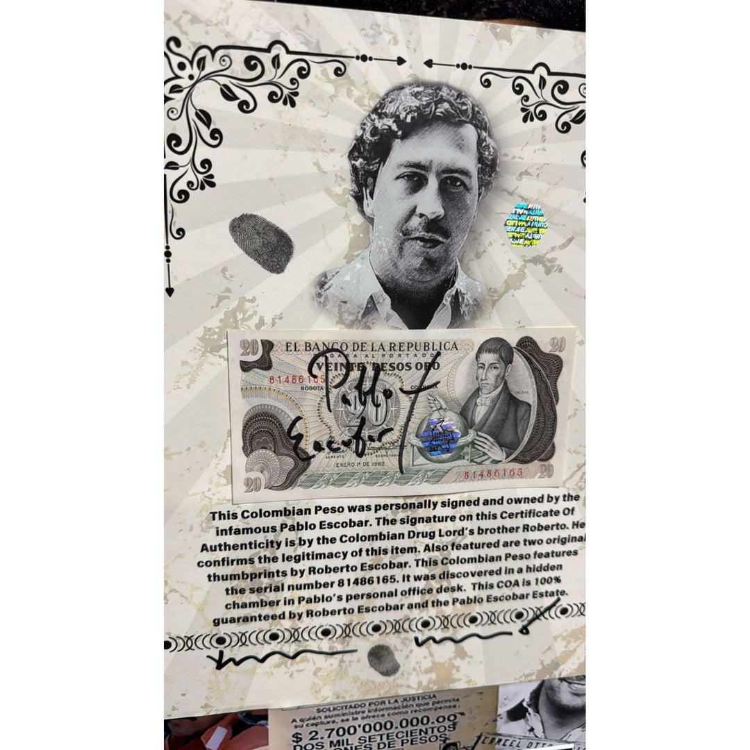 Pablo Escobar.  signed 1982 Columbian  peso Roberto Escobar personally witnessed with notary stamp and signature one of a kind.