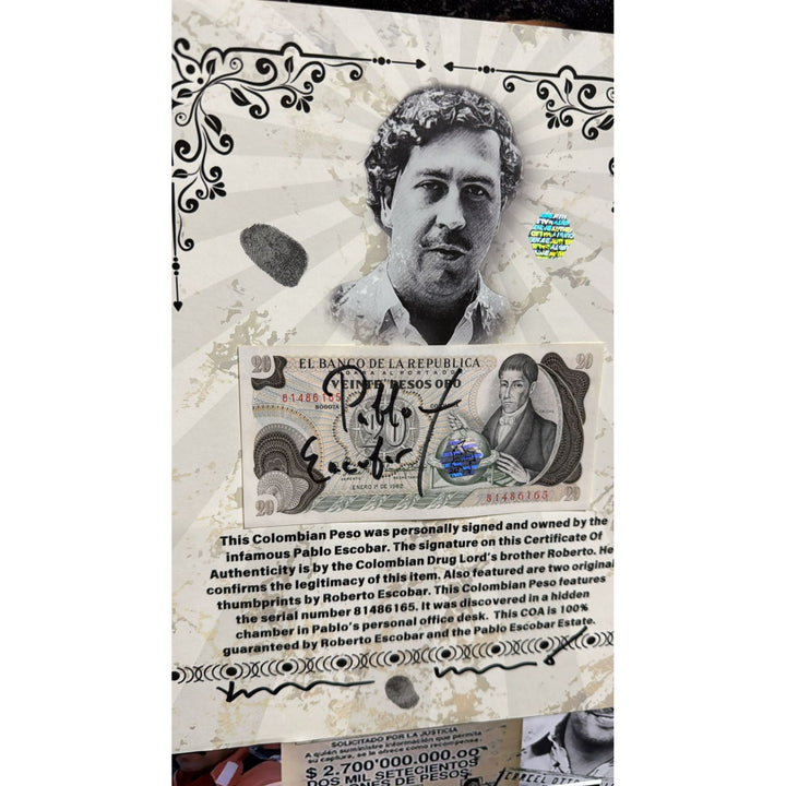 Pablo Escobar.  signed 1982 Columbian  peso Roberto Escobar personally witnessed with notary stamp and signature one of a kind.