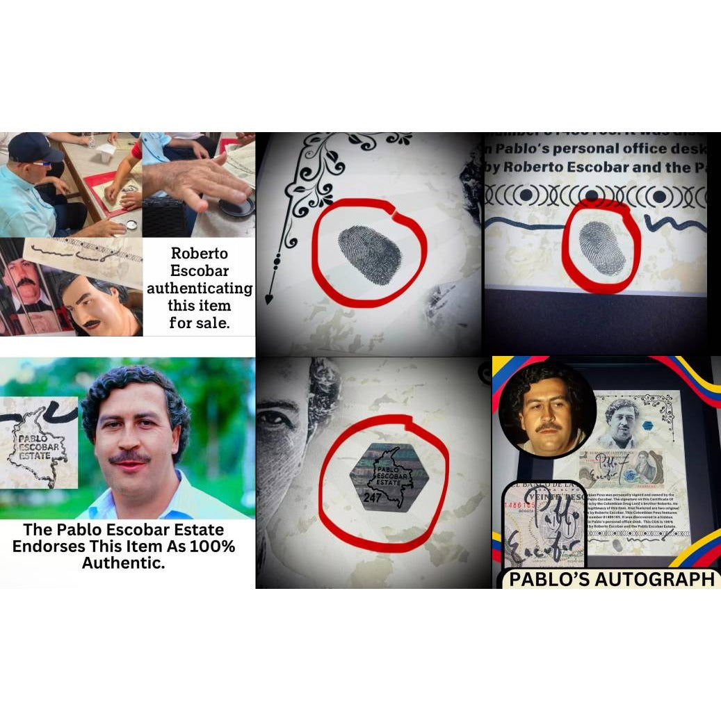 Pablo Escobar.  signed 1982 Columbian  peso Roberto Escobar personally witnessed with notary stamp and signature one of a kind.