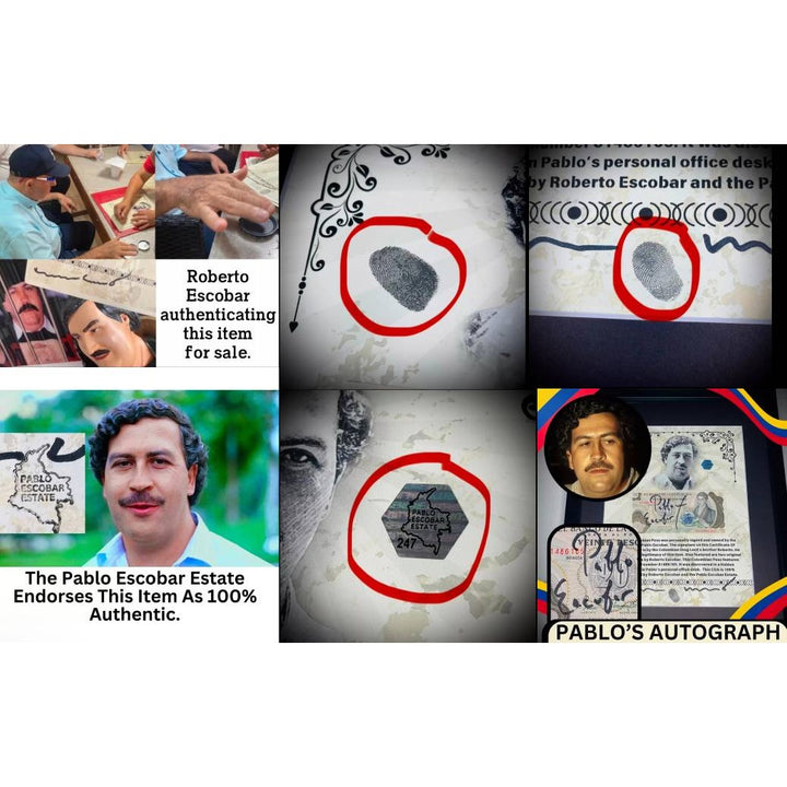 Pablo Escobar.  signed 1982 Columbian  peso Roberto Escobar personally witnessed with notary stamp and signature one of a kind.