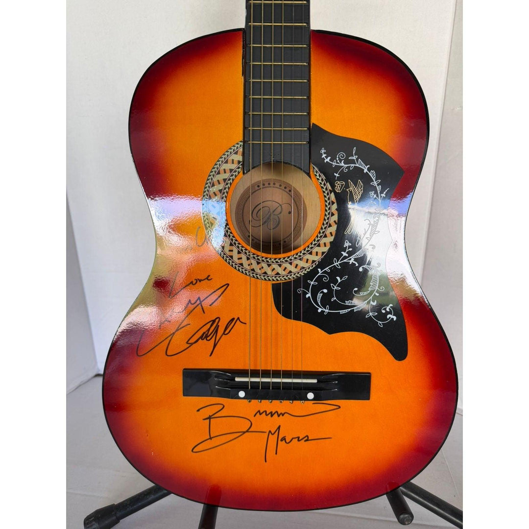 Bruno Mars and Lady Gaga vintage acoustic guitar signed with proof