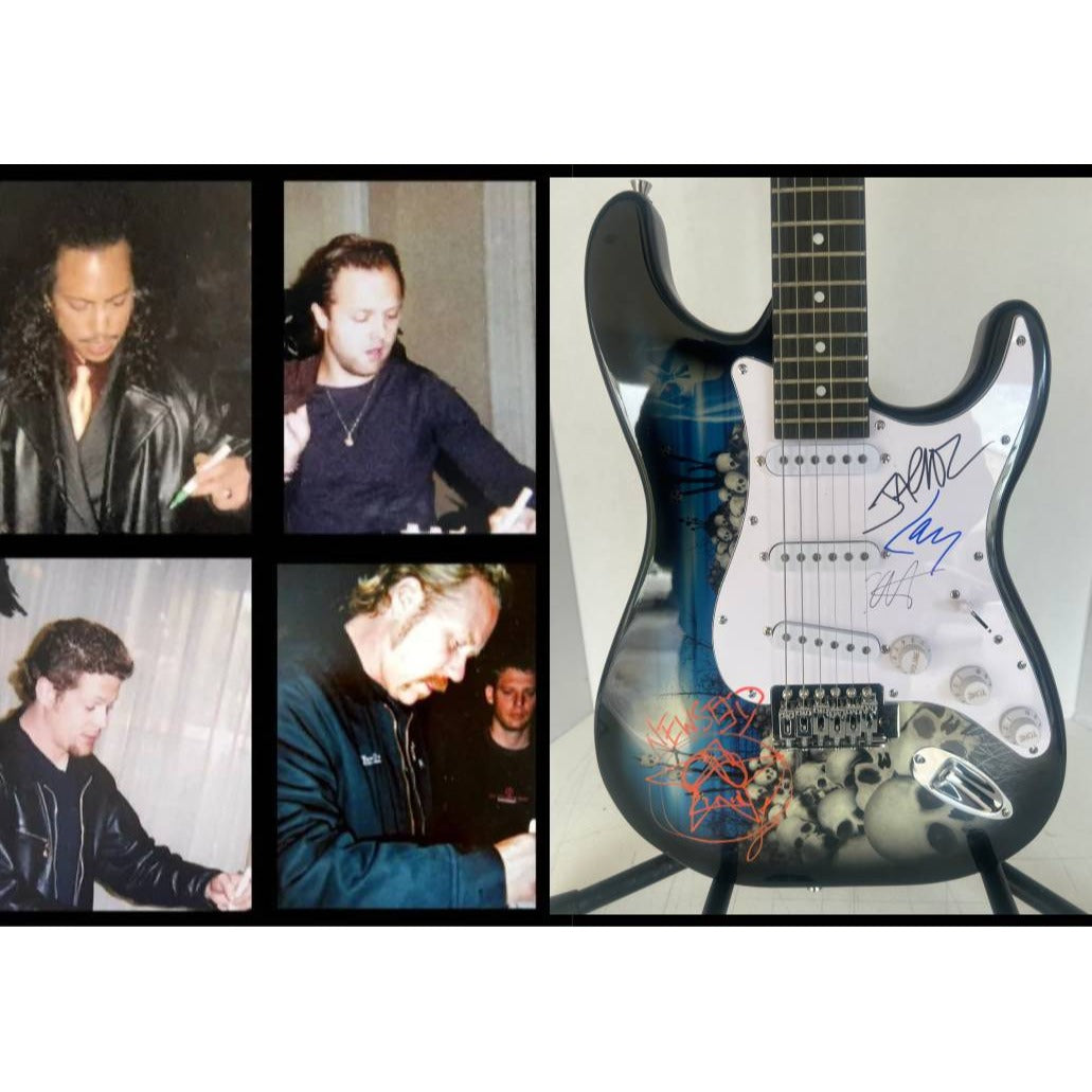 Metallica James Hetfield Kirk Hammett Jason Newsted Lars Ulrich Heavy Metal skull guitar signed with proof