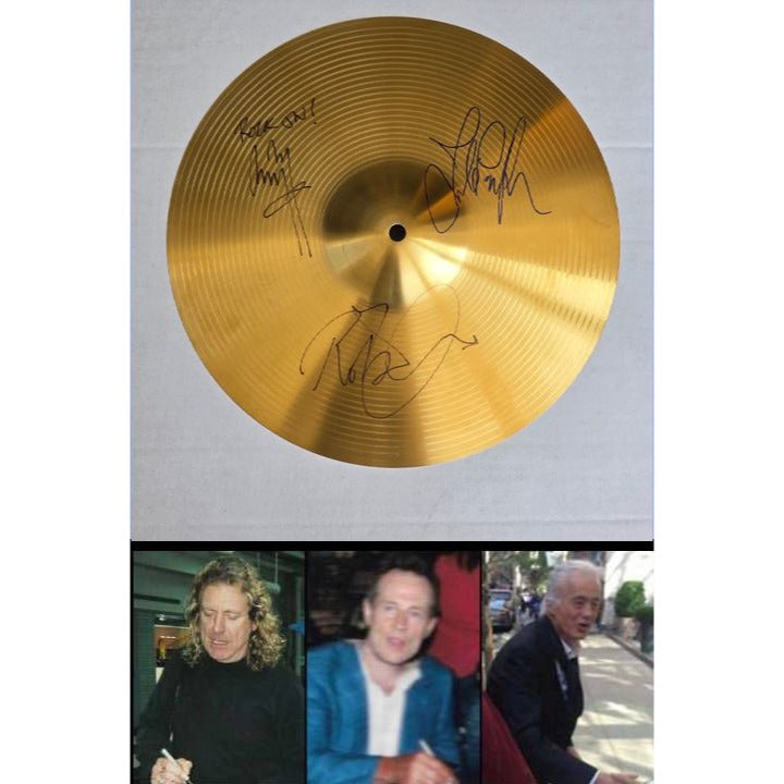 Led Zeppelin Jimmy Page Robert Plant John Paul Jones 16 inch cymbal signed with proof.