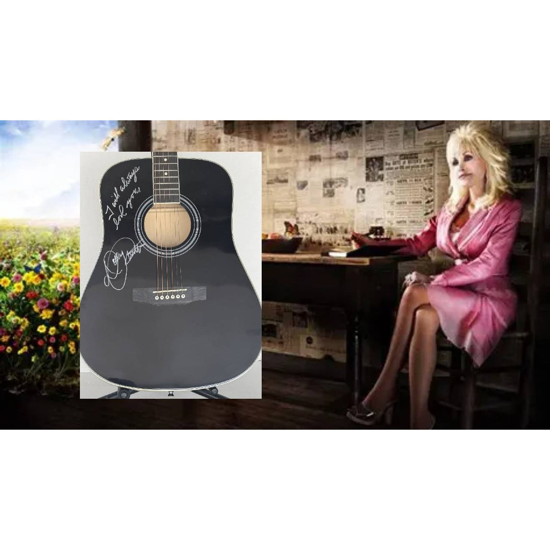 Dolly Parton black acoustic guitar signed with proof.