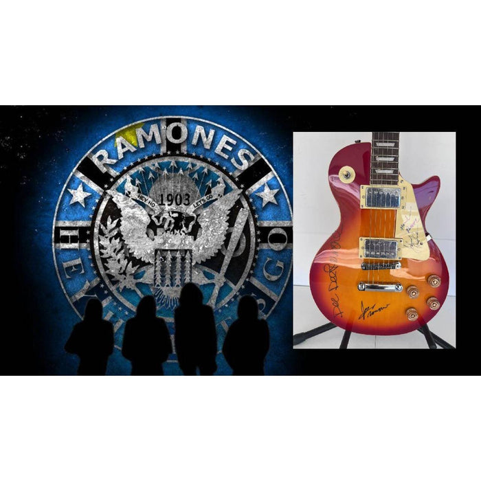 The Ramones Dee-Dee Ramone Joey Ramone Marky Ramone Johnny Ramone Tommy Ramone Richie Ramone vintage les paul signed with proof