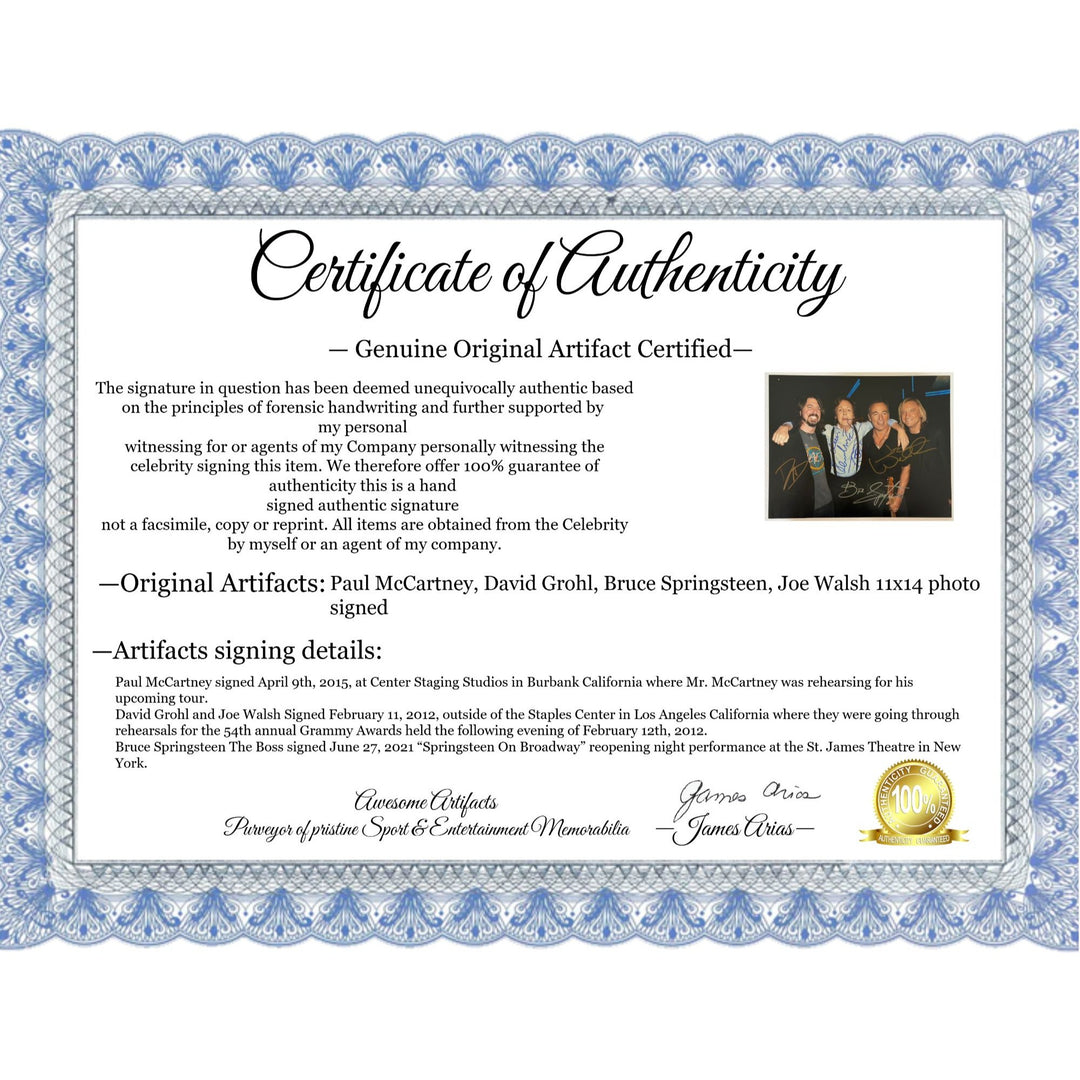 Paul McCartney David Grohl Bruce Springsteen Joe Walsh 11x14 photo signed with proof.