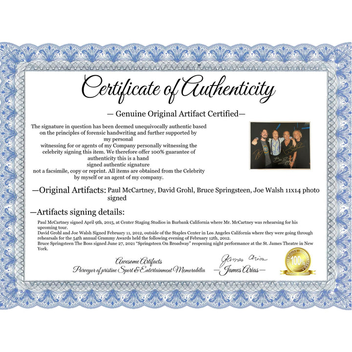 Paul McCartney David Grohl Bruce Springsteen Joe Walsh 11x14 photo signed with proof.